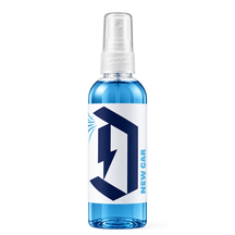 A clear plastic spray bottle filled with bright blue liquid, featuring a white label with a dark blue stylized logo and the text 'NEW CAR'. The bottle is topped with a clear spray nozzle and is photographed against a seamless white background.