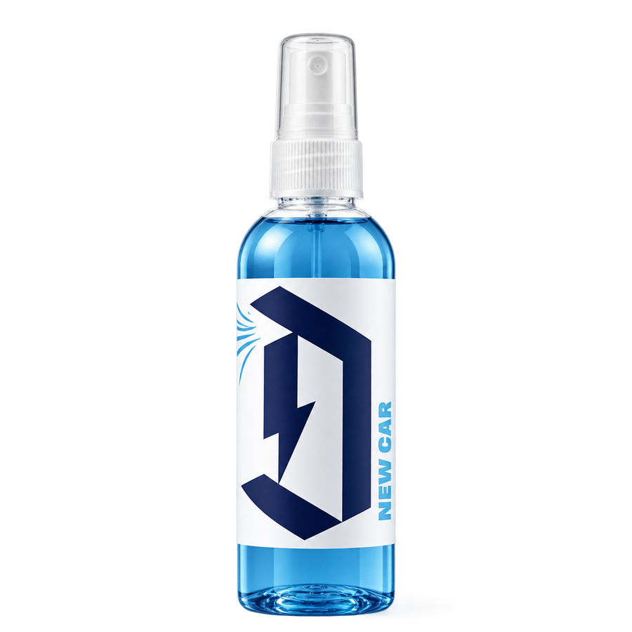 A clear plastic spray bottle filled with bright blue liquid, featuring a white label with a dark blue stylized logo and the text 'NEW CAR'. The bottle is topped with a clear spray nozzle and is photographed against a seamless white background.