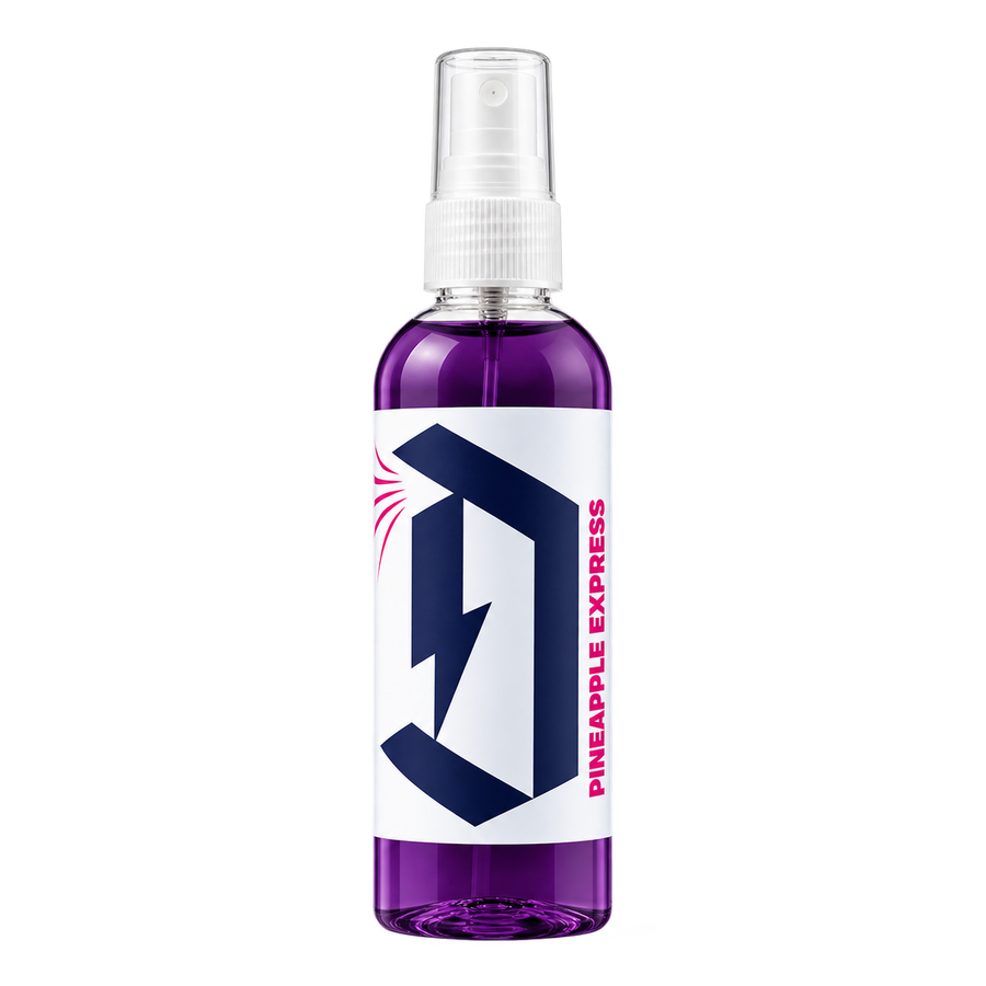 Duel Pineapple Express Car Air Freshener spray bottle with purple liquid and white label