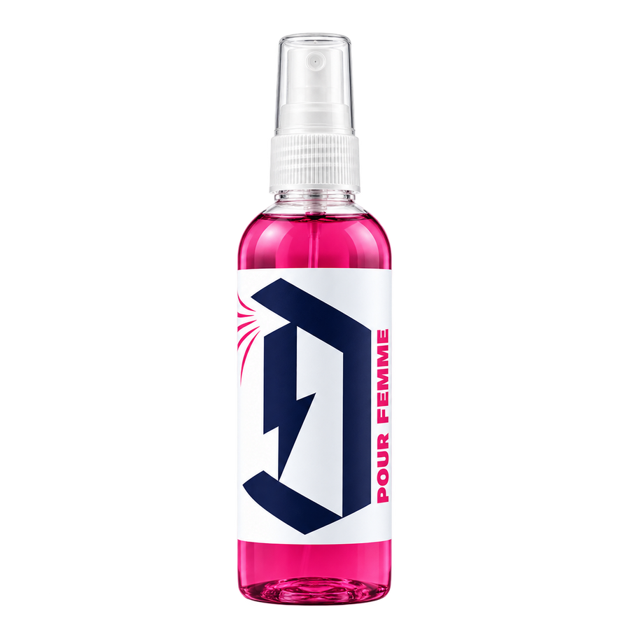 Duel Pour Femme Car Air Freshener spray bottle with deep pink liquid and white label
