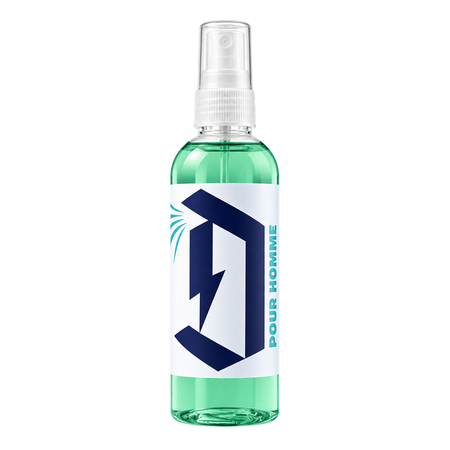 Duel Pour Homme Car Air Freshener spray bottle with pale green liquid and white label