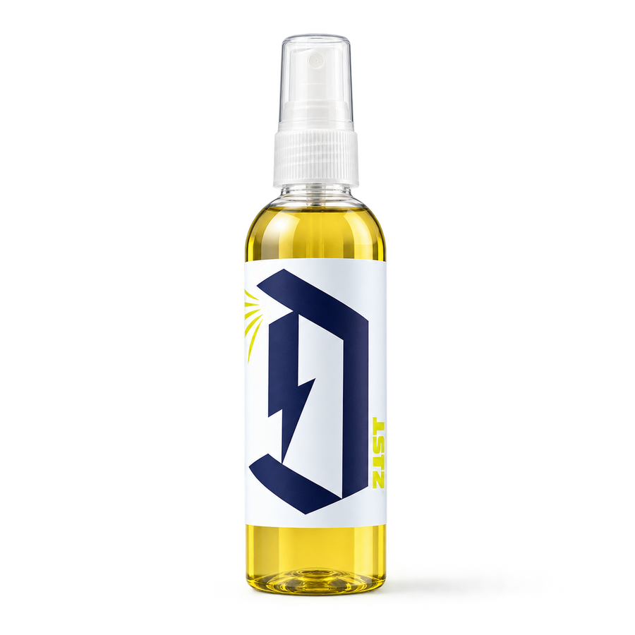 Duel Zest Car Air Freshener spray bottle with yellow liquid and white label