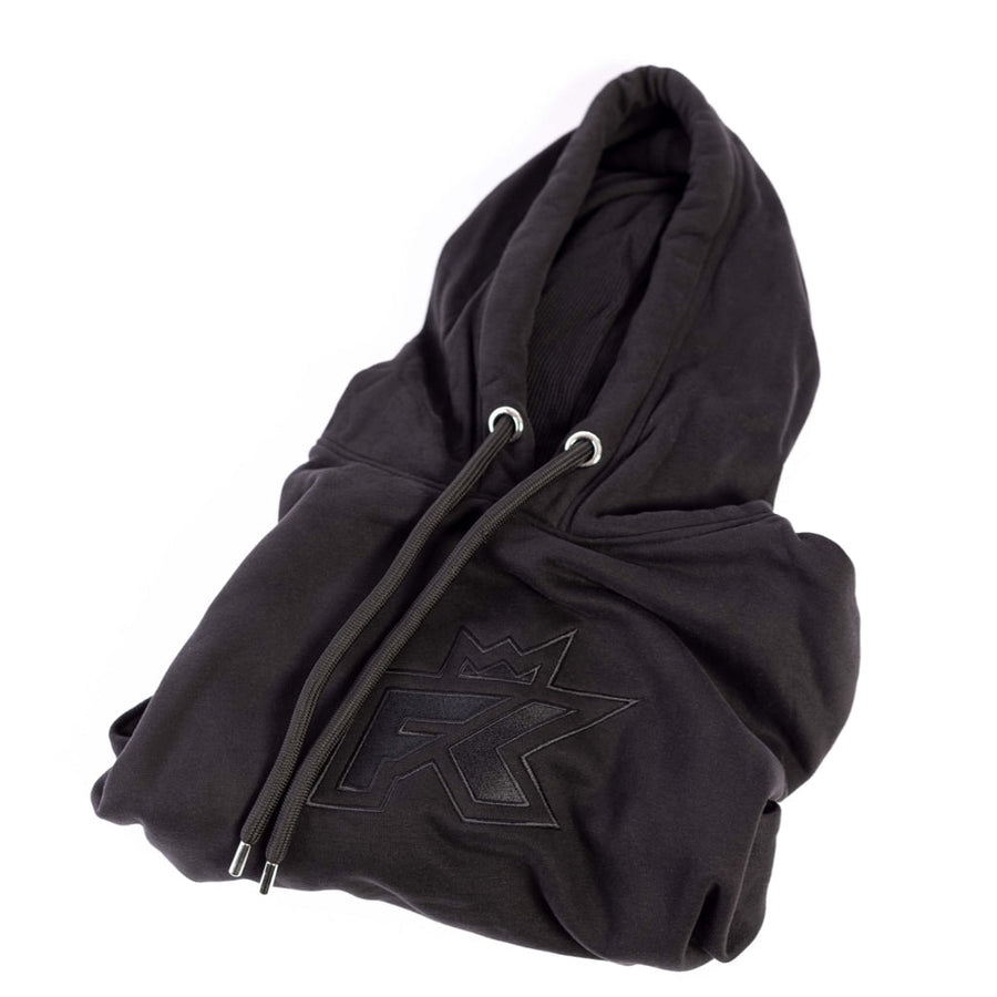FibreKing Trackwear Hoodie, folded black hoodie with drawstrings and tonal FK logo on the chest