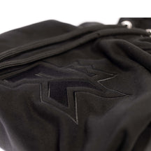 FibreKing Trackwear Hoodie, close up of the black tonal embroidered FK logo and drawstring