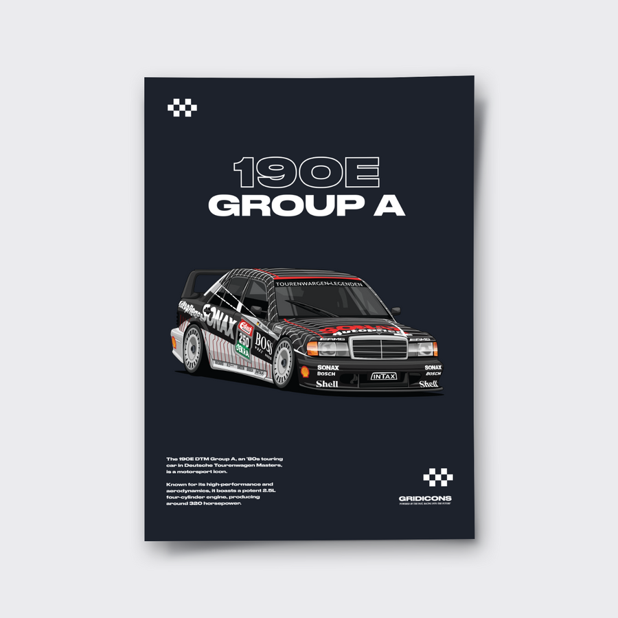 Mercedes-Benz 190 E Evolution II DTM Black poster print, illustrated race car on dark background