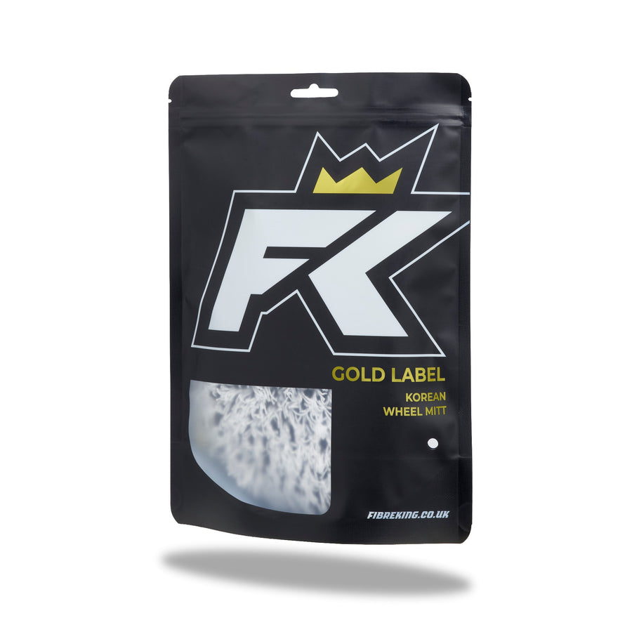 FibreKing Gold Label Korean Wheel Mitt, front of the black pouch with mitt window