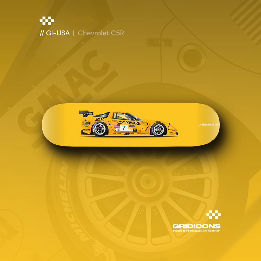 Chevrolet Corvette C5R skate deck wall art, yellow deck with the number 7 race car