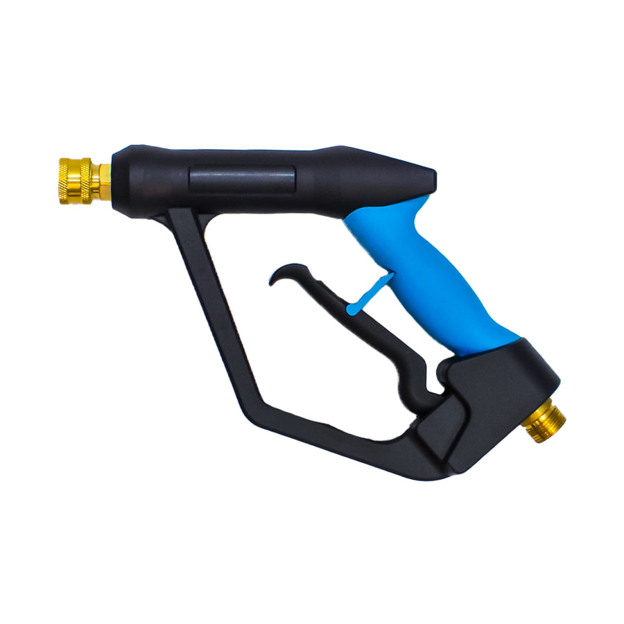 Reverse Short Trigger Gun side view in black with blue grip and brass fittings