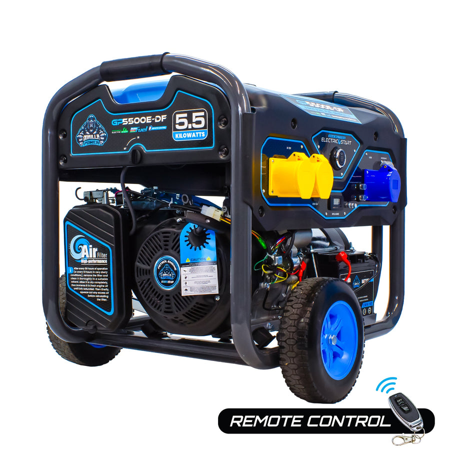 Gorilla Power GP5500E-DF 5500W dual-fuel generator shown with its wireless remote control key fob