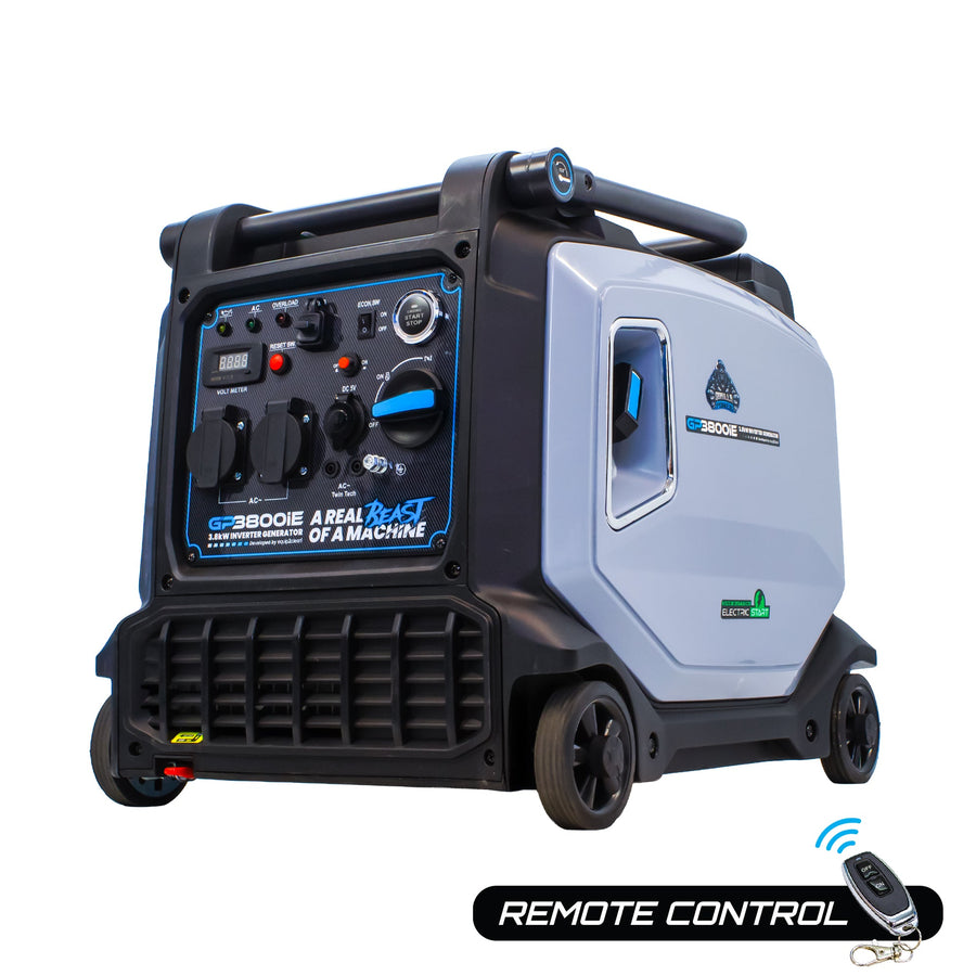 Gorilla Power GP3800iE Inverter Suitcase Generator control panel side shown with its remote control key fob
