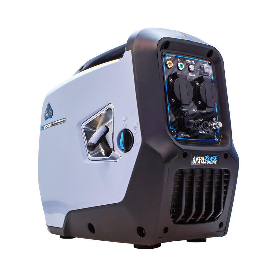 Gorilla Power GP2000i Inverter Suitcase Generator in grey and black, angled view of the control panel