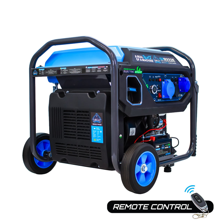 Gorilla Power GP8000iE 8000W inverter generator in blue and black shown with its remote control fob