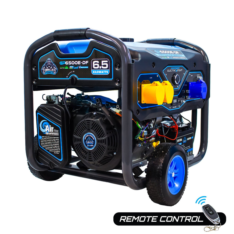 Gorilla Power 6500W Dual-Fuel Generator shown at an angle with its remote control key fob