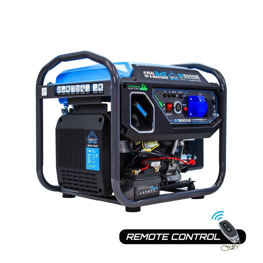 Gorilla Power GP5000iE inverter generator seen at an angle with its remote control key fob