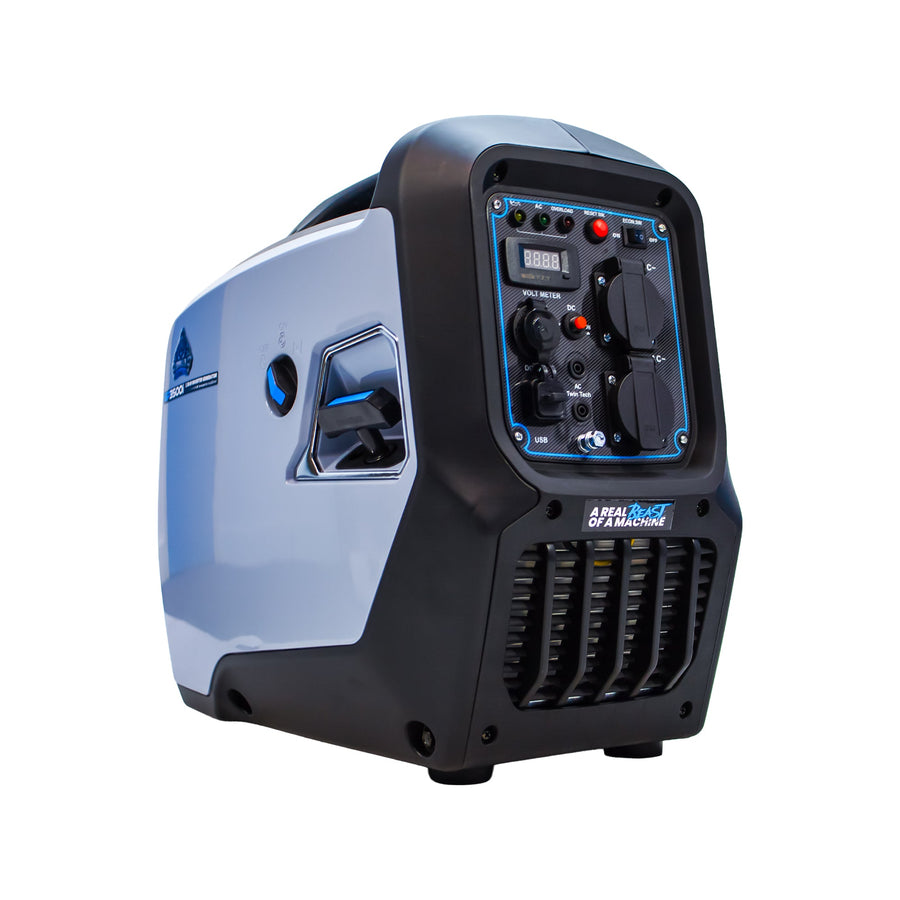 Gorilla Power GP3500i 3500W inverter suitcase generator three quarter front view with control panel