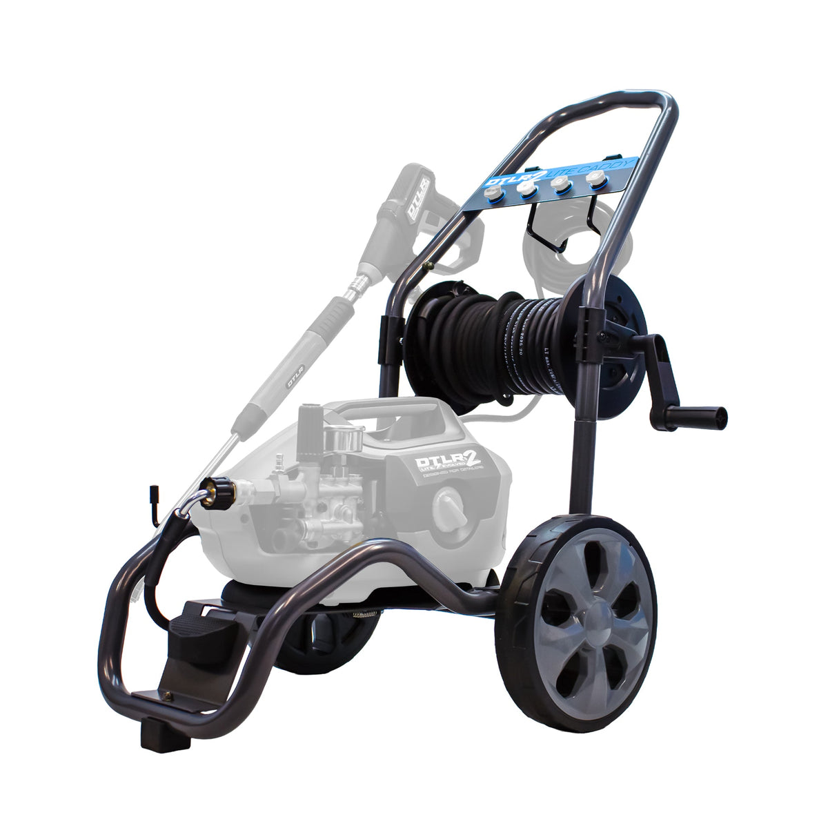 DTLR2 Lite Caddy frame with hose reel and wheels, pressure washer and lance shown faded
