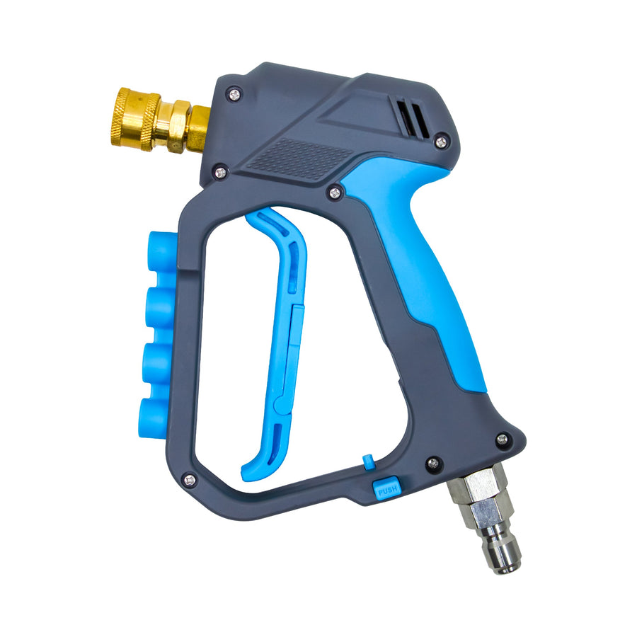 High Pressure Trigger Gun side view in grey and blue with an empty nozzle holder