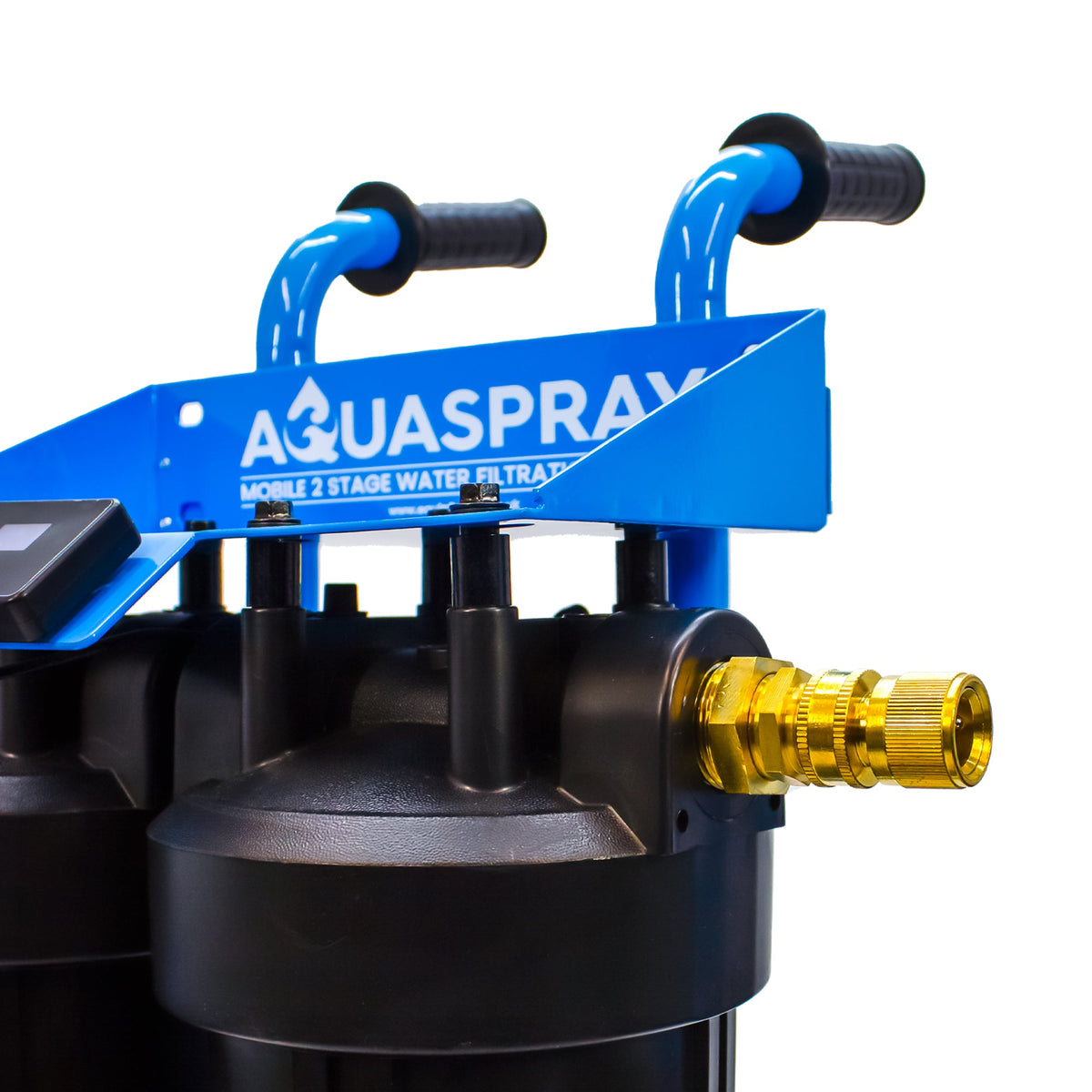 Aquaspray Two Stage De-Ionising Water Filter Trolley, close-up of the right-hand brass hose connector and handles