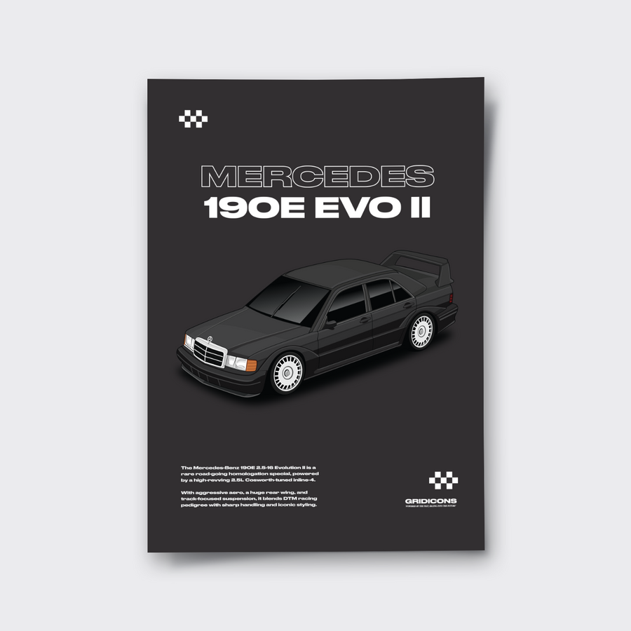 Grid Icons 190E Evo II Road Car poster with an illustrated black Mercedes saloon