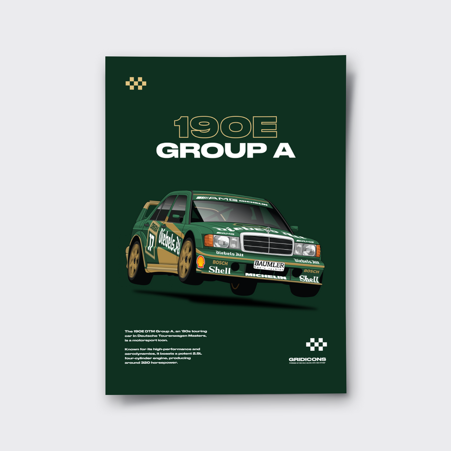 Grid Icons 190E Evo II DTM Green poster showing an illustrated green touring car