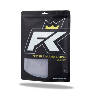 FibreKing PS Korean Microfibre Mitt in grey, front of the black retail pouch with window