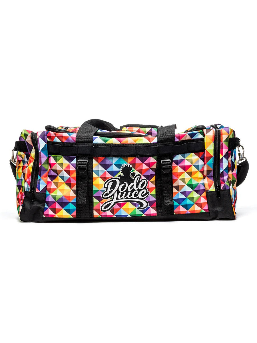 Dodo Juice Prismatic Detailing Bag, front of the holdall with multicoloured geometric print and logo