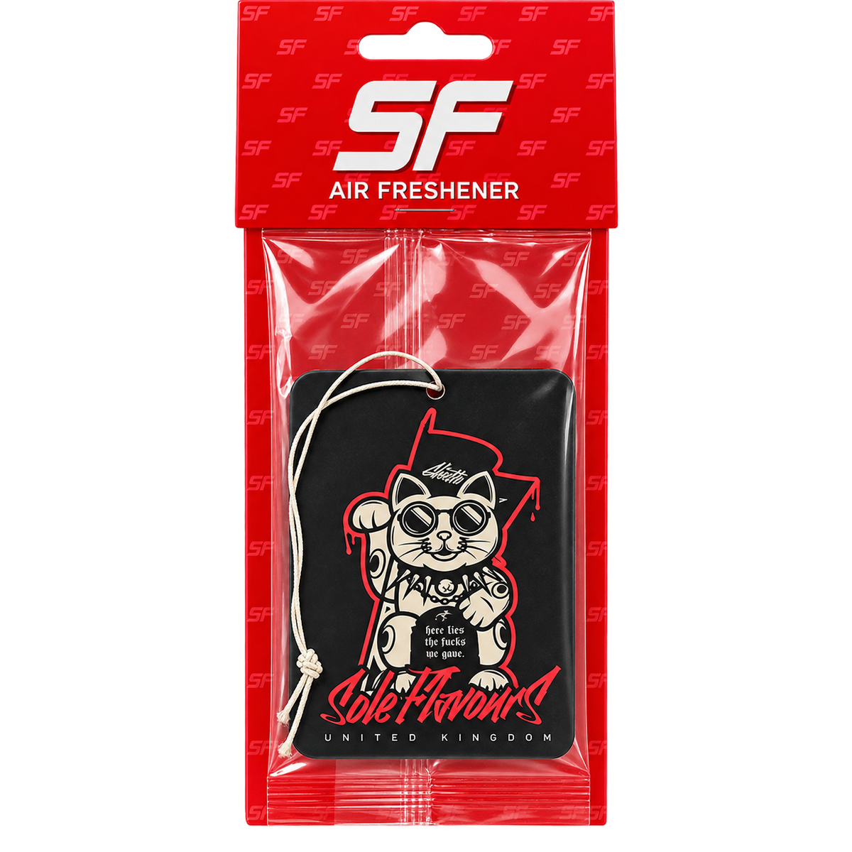 Sole Flavours x Ghettowxrkz Air Freshener in Forest Fresh, a lucky cat card in red packaging