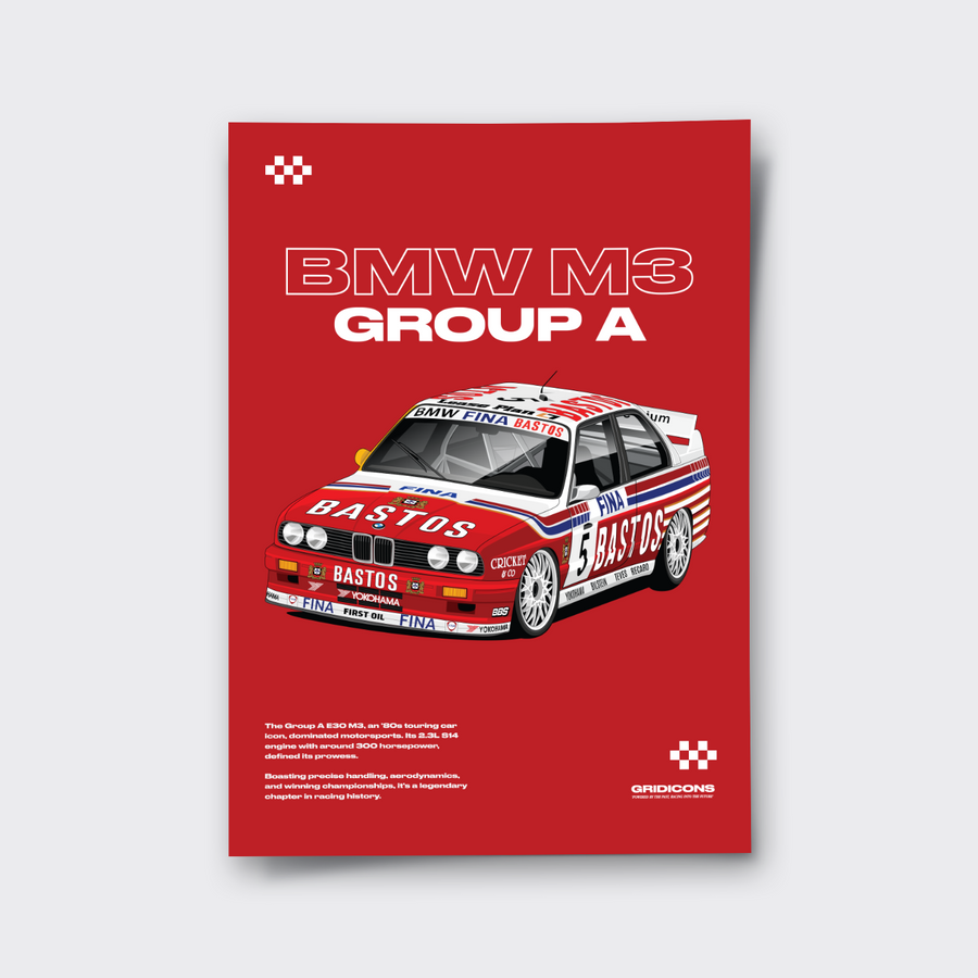 BMW E30 M3 DTM Group A #3 poster, unframed red print of the Bastos liveried car