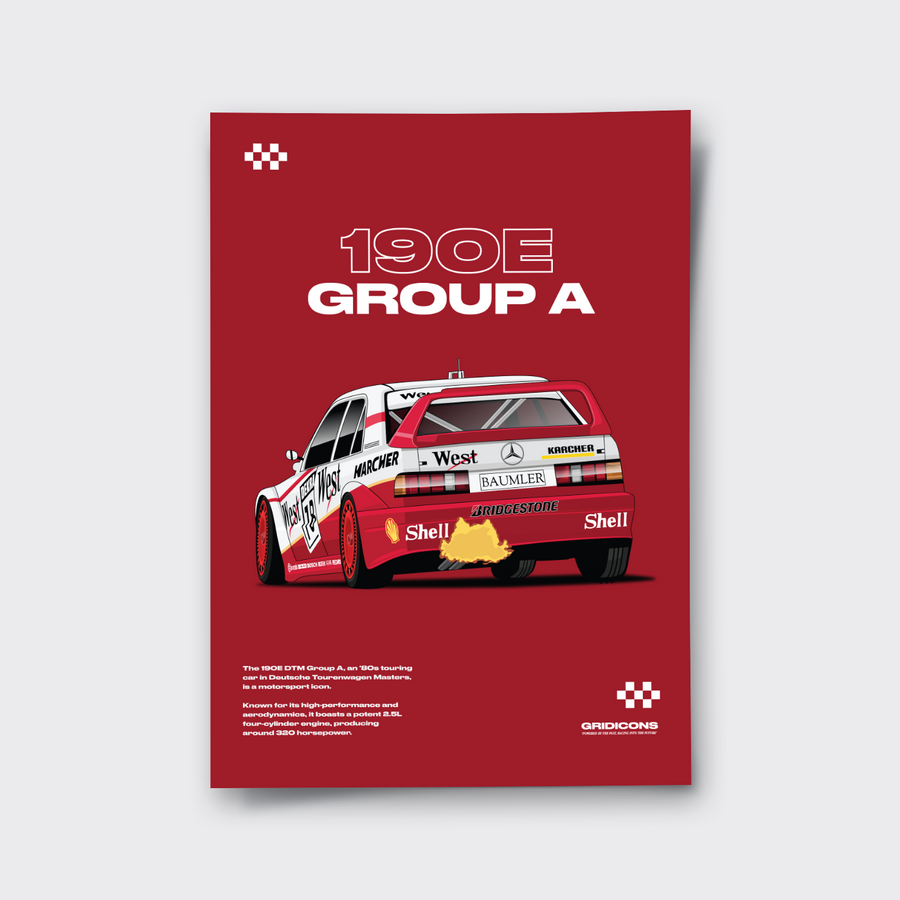 Mercedes-Benz 190 E Evolution II DTM Red Back poster print, rear view of the illustrated car