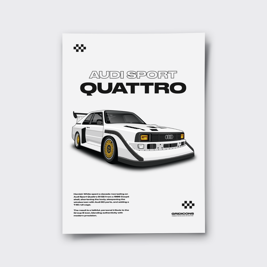 Audi Sport Quattro S1 Hamish White poster print showing the white car on a pale background