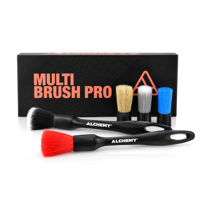 Alchemy MultiBrush Pro Set, box and five detailing brushes, product photo on white