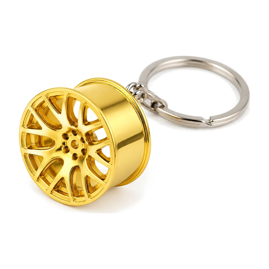 Alloy Wheel Key Chain keyring (Style 2) Gold Chrome, product photo on white