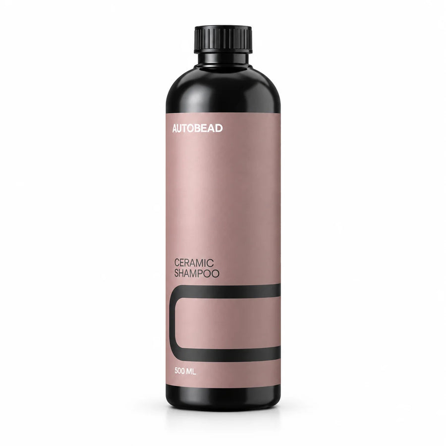 AutoBead Ceramic Shampoo 500ml bottle with a dusky pink label and black screw cap on a white background