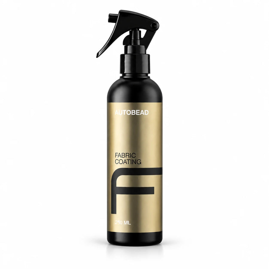 Autobead Fabric Coating 250ml black trigger spray bottle with a metallic gold label and black F mark on a white background
