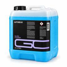 Autobead Glass Cleaner 25 litre jerrycan with carry handle, blue liquid and a black label with the lilac GC mark, studio photo on white