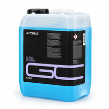 AutoBead Glass Cleaner 5 litre jerrycan of blue liquid with a black label and lilac GC letters, studio photo on white