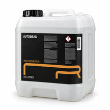 Autobead Iron Remover 25 litre jerrycan with carry handle, clear liquid and a black label with the orange R mark, studio photo on white