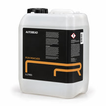 Autobead Iron Remover 5 litre jerrycan of clear liquid with a black label and orange R mark, studio photo on white