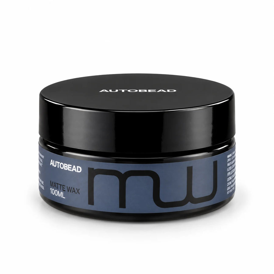 Autobead Matte Wax 100ml tub with a glossy black lid and slate blue label with the MW mark, studio photo on white