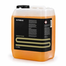 Autobead Snow Foam 5 litre jerrycan of amber orange liquid with a black label and khaki S mark, studio photo on white