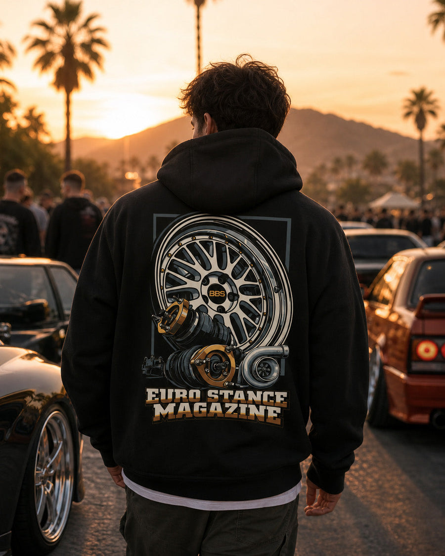 EuroStance Magazine Hardware Hoodie, wheel and turbo back print on a model at a car meet