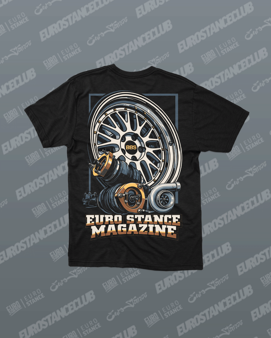EuroStance Hardwear T-Shirt, back of the black tee with a wheel, coilovers and turbo print