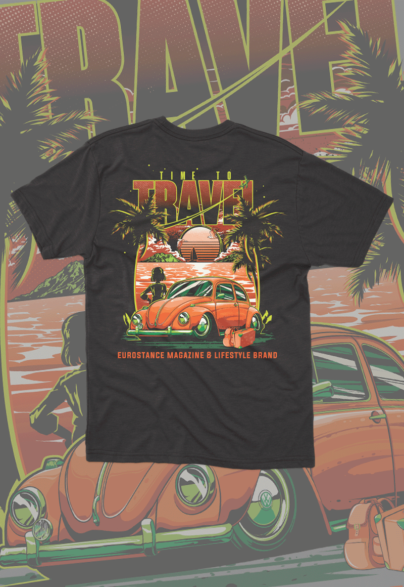 EuroStance Time to Travel Beetle Tee back view with orange Beetle and palm tree print