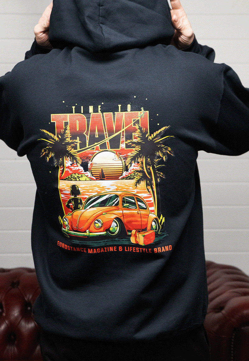 EuroStance Time to Travel Beetle Hoodie worn from behind with orange Beetle sunset back print