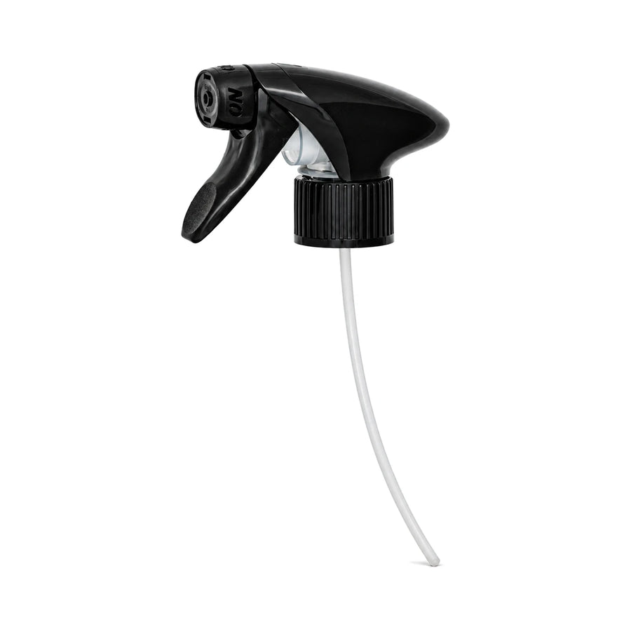 Better Detailing Trigger Spray Head 28/410: smooth black trigger sprayer with a ribbed screw collar, spray and off nozzle and clear dip tube, studio photo on white