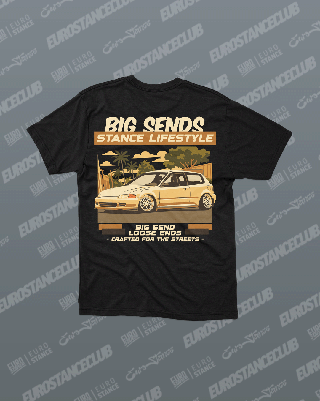 EuroStance Big Sends V2 T-Shirt, back of the black tee with a cream hatchback print