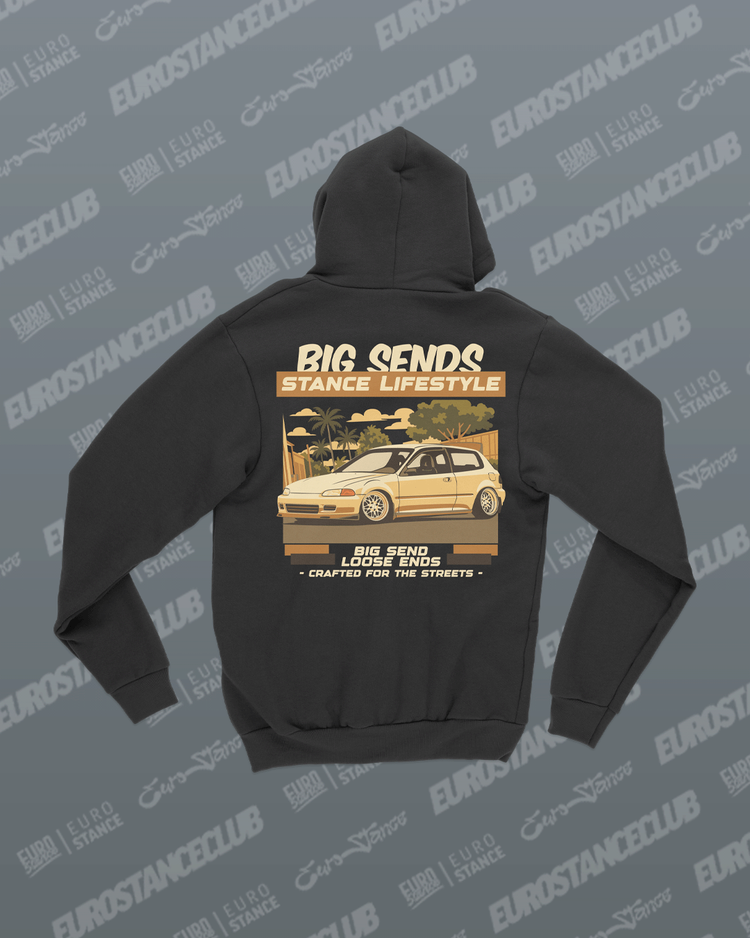 EuroStance Big Sends V2 Hoodie, back of the black hoodie with a cream hatchback print