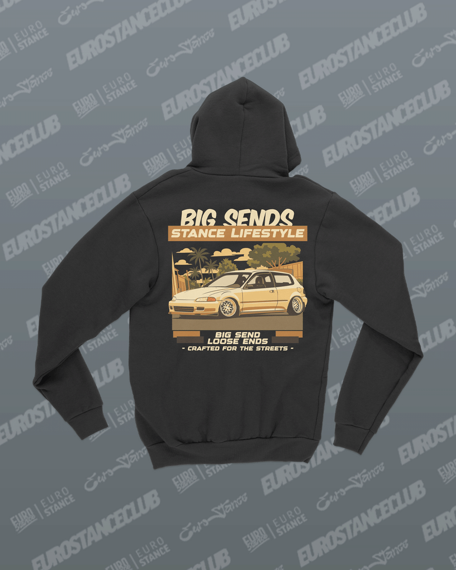 EuroStance Big Sends V2 Hoodie, back of the black hoodie with a cream hatchback print