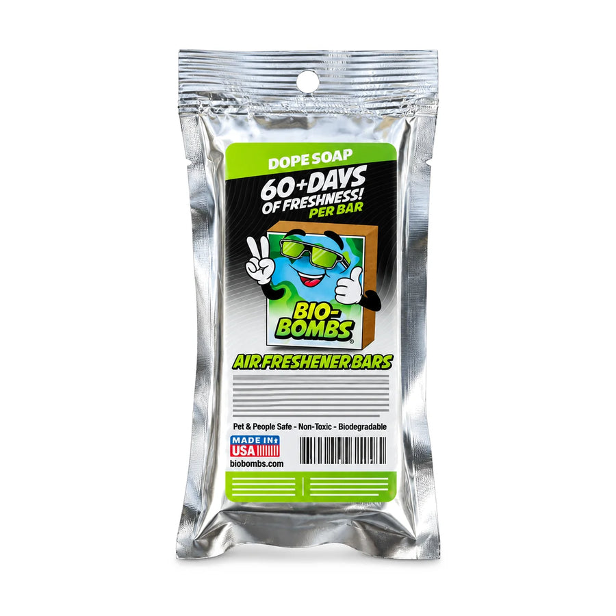 Bio-Bombs Bio-Fresh Bar, Dope Soap, in its foil pouch, product photo on white