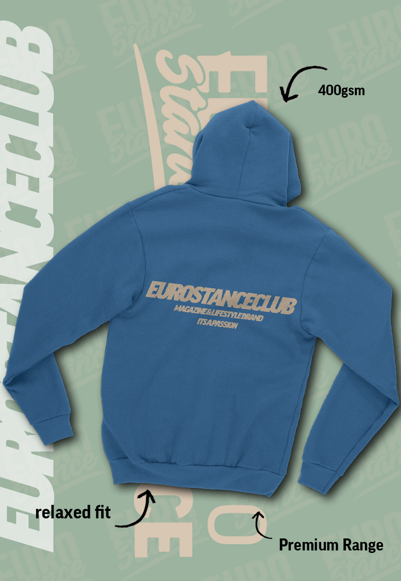 EuroStance Club Lifestyle Hoodie in Airforce Blue, back view with large tan EuroStanceClub print